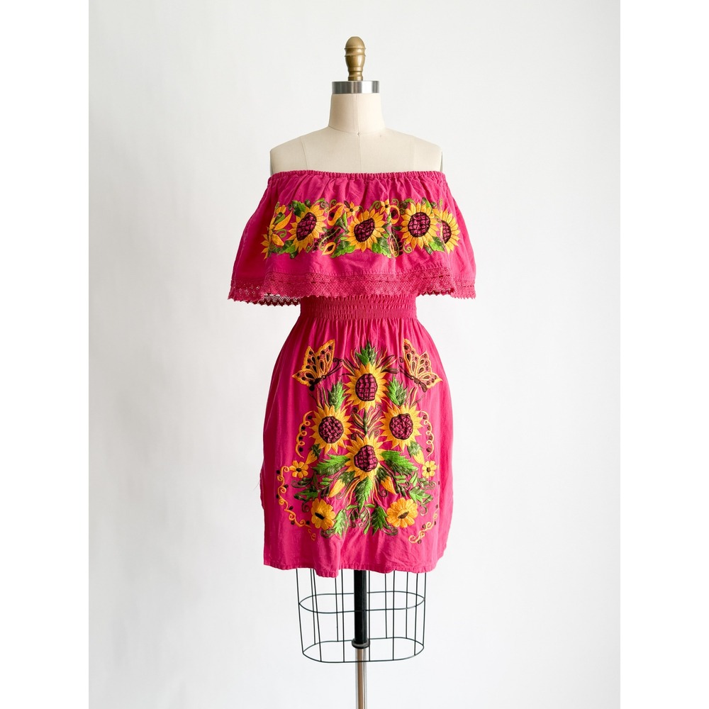 Mexican Embroidered Dress Sunflower Butterfly Off Shoulder Pink Mini M